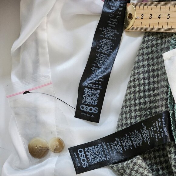 ASOS Suit Men Blazer US 40 Trousers 32x30/28 Houndstooth Wool Blend Lined Preppy - Picture 12 of 16